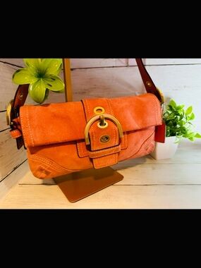 Coach coral/pink  Suede Shoulder Bag with Gold-Tone Buckle